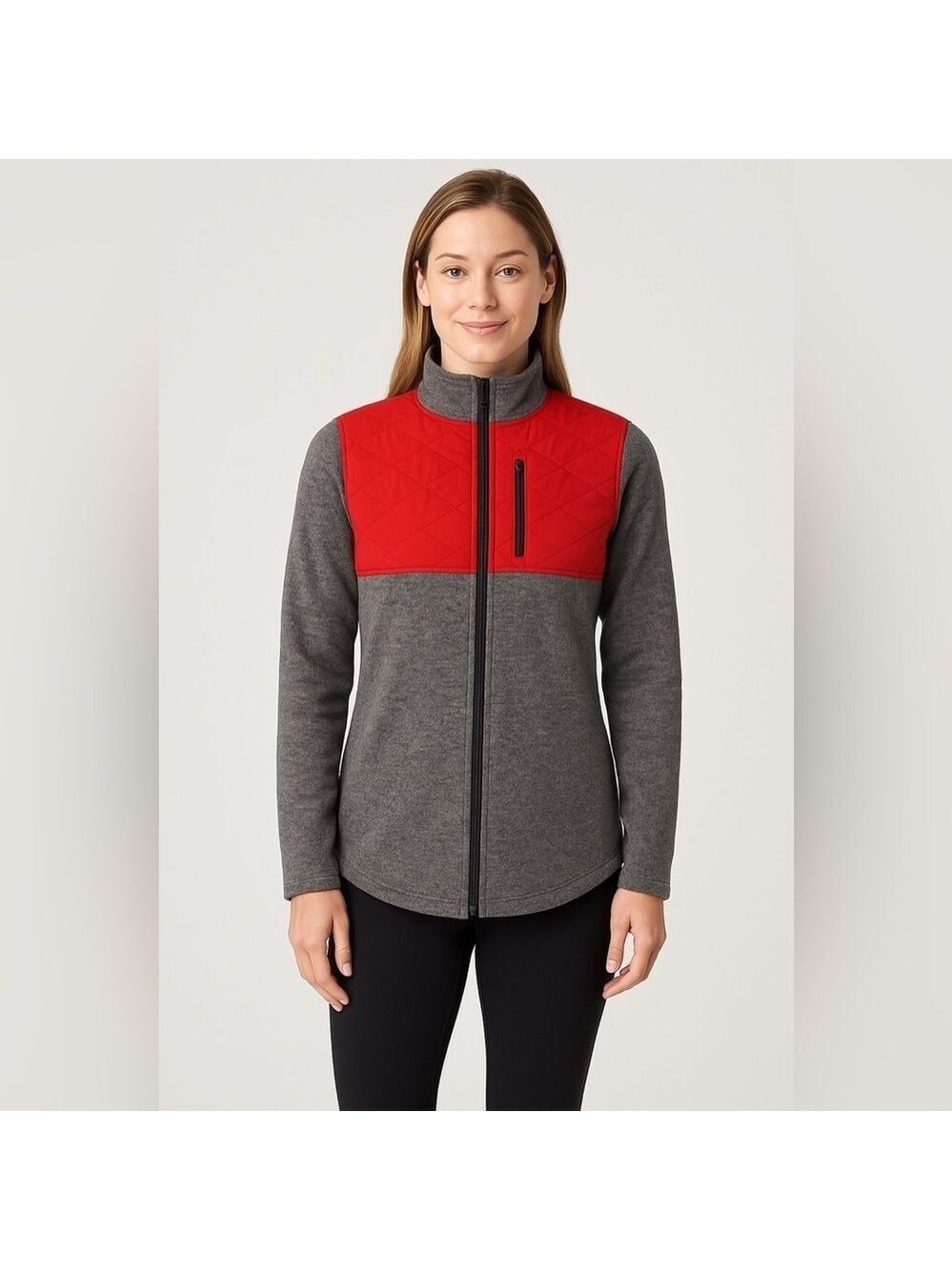 Zyia Active Quilted Cabin Jacket – Red & Grey, Size Small